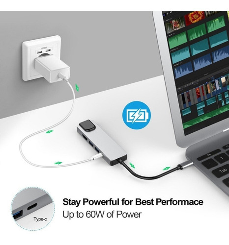 Hub Usb Tipo C 5 En 1 Ethernet, 2 Usb3.0, Hdmi Y Usb Tipo C