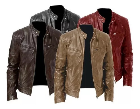 Chaqueta De Cuero Genuino Para Hombre Con Cremallera Negra