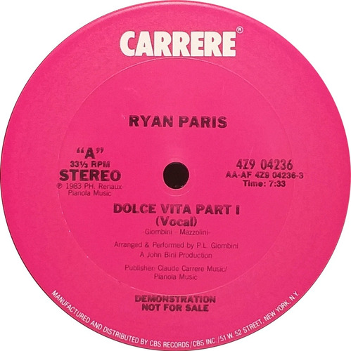 Vinilo Maxi - Ryan Paris - Dolce Vita 1983 Usa