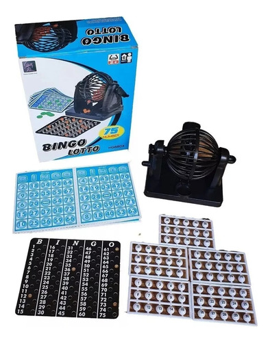Juego Bingo Lotto Balotera Mini Fichas + 75 Bola + Cartones