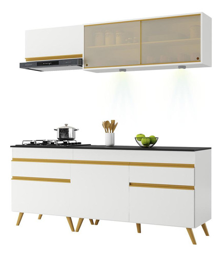 Armário Cozinha Compacta 190cm Veneza Up Multimóveis V2031 Cor Branco/Dourado