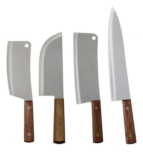 Cuchillos Profesionales Juego Set 4 Piezas Cocina Carnicero Taquero Filetero Pescado Sushero Estilo Japones 8, 10, 7, 7, Pulgadas Acero Inoxidable Mango Madera Yesh Market Modelo 5115