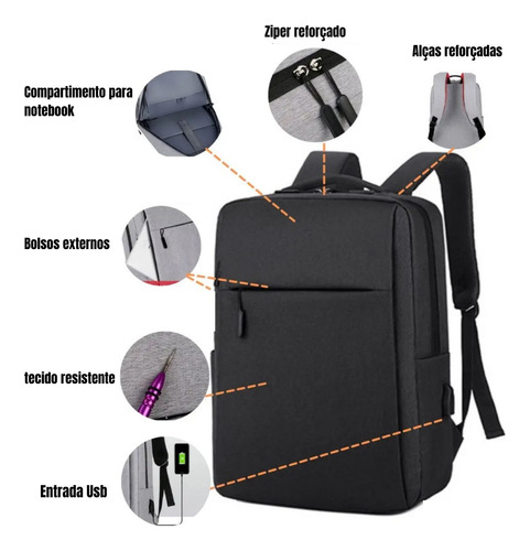 Mochila Executiva Notebook Saída Usb Bolsos Reforçada Zíper