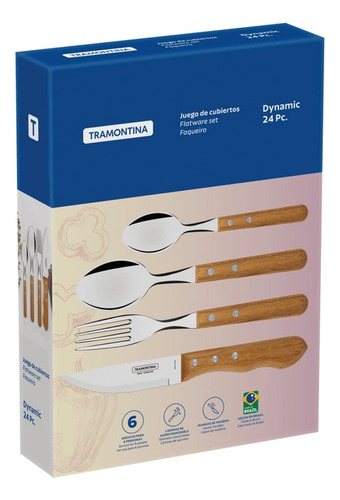 Juego De Cubiertos Dynamic Con Láminas De Acero Inoxidable Y Mangos De Madera Natural 24 Pzs Tramontina En Caja Madera