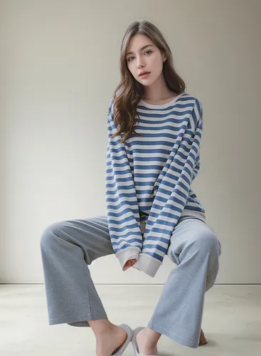 Conjunto De Pijama De Algodón A Rayas Otoño-invierno
