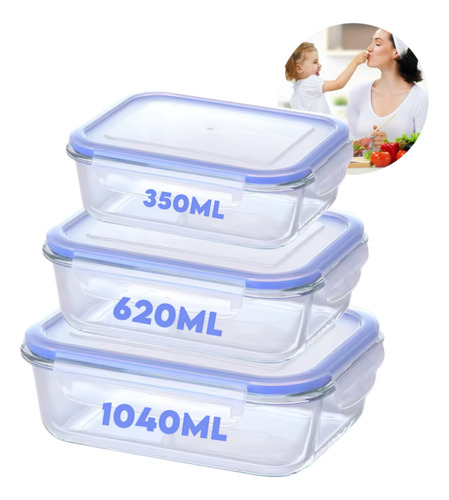 Conjunto 3 Potes 350ml 620ml 1040ml Vidro Hermético Marmita