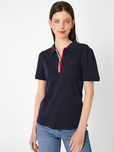 Polo Solid Con Cierre Azul Tommy Hilfiger