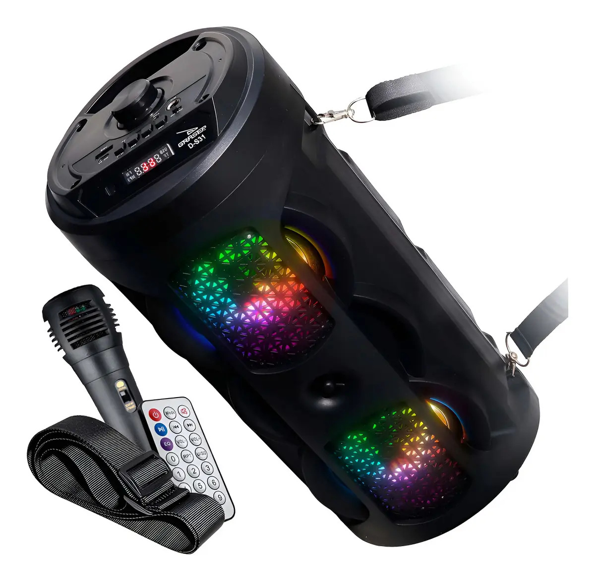 Caixa De Som Bluetooth Rgb Rádio Fm Microfone Aux P2 Sd Usb Cor Preto 20w