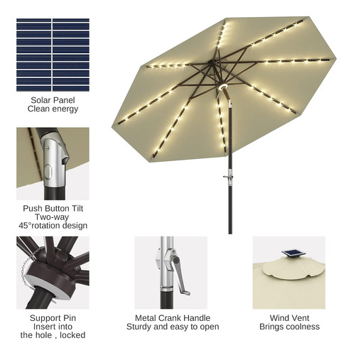 Sombrilla De Patio De 9 Pies Con 40 Luces Solares Led Imperm