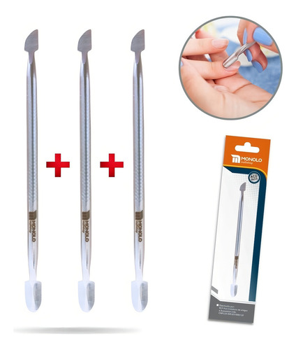 Kit 3 Espátula Cutícula Manicure Raspador Aço Inox Premium