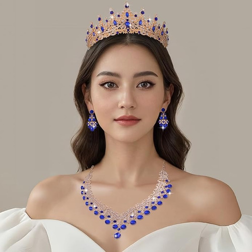 Tocado Novia Tiara Corona Mujer Xv Años Collar Y Aretes 3pcs