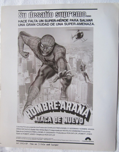 Antigua Foto Afiche Pelicula Hombre Araña Ataca De Nuevo1978