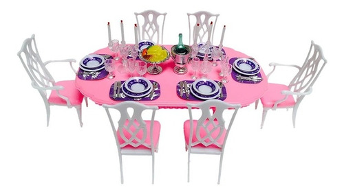 Juego De Comedor Fucsia Y Vajilla, Mueble P' Casa De Muñecas