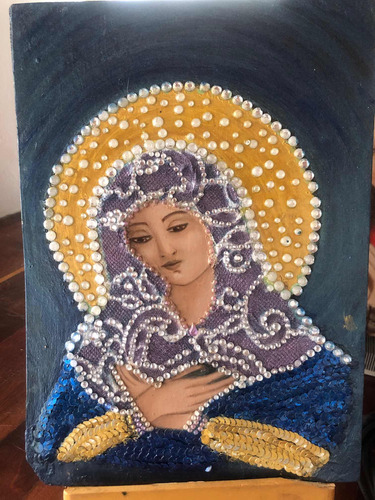 Cuadro Virgen Con El Niño Pintado A Mano Sobre Mdf. 20x20