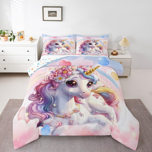 Juego De Edredón King Unicornio Arcoíris Para Niñas Ropa D