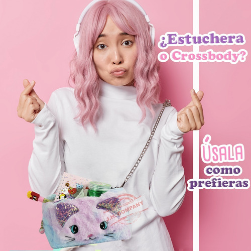 Imagen 6 de 10 de Bolsa Afelpada Bordado Gato Kawaii Crossbody Cadena 12058