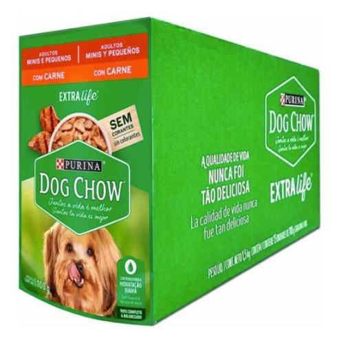 Kit Caixa 15 Sachê Dog Chow Cães Adultos Carne Mini 100g 