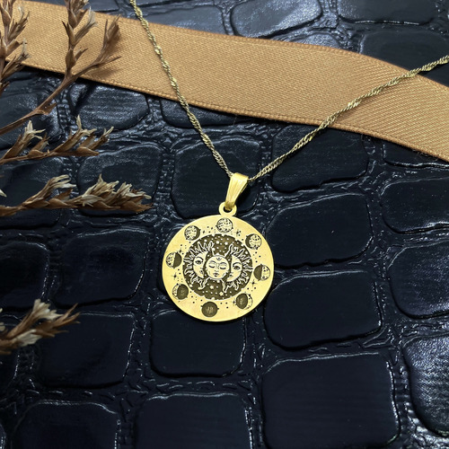 Cadena Y Dije Medalla Fases Lunares Luna Sol Oro 18k Oro 18k 55 Cm