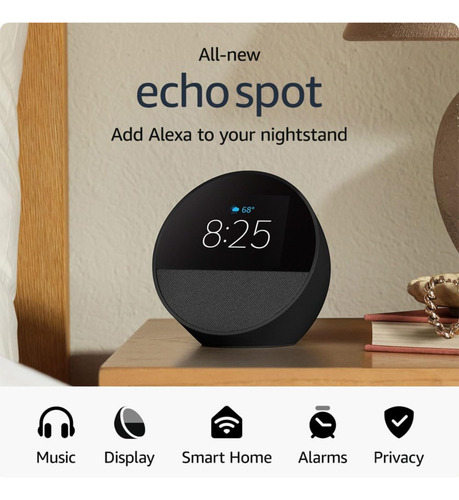 Amazon Echo Spot Versión 2024 Reloj + Sonido Vibrante Alexa