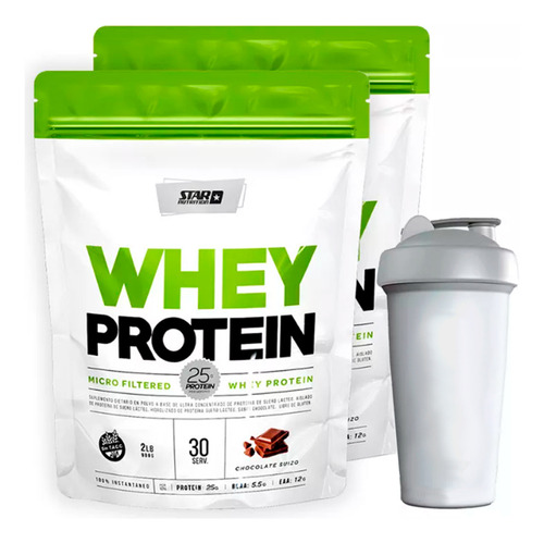 Star Nutrition Whey Protein proteínas sabor Chocolate de 908g Pack X2 Shaker 600 Ml