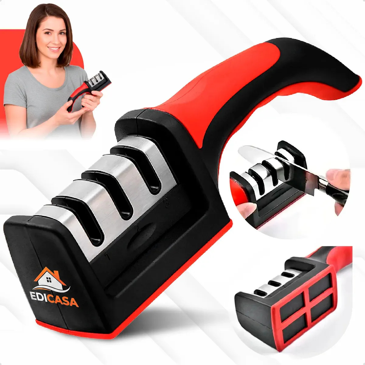 Afiador Amolador De Facas Tesouras Profissional 3 Em 1 Pedra De Afiar Amolar Inox Portátil Preto/vermelho