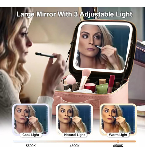Maletin Estuche De Maquillaje Con Espejo Y Luz Led 3 Modos Rosa