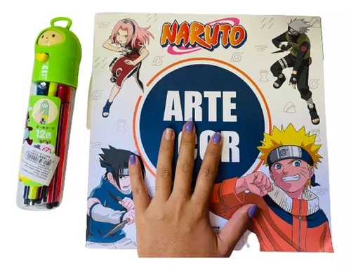 Livro De Pintar Desenho Naruto + 12 Canetinhas Colorida