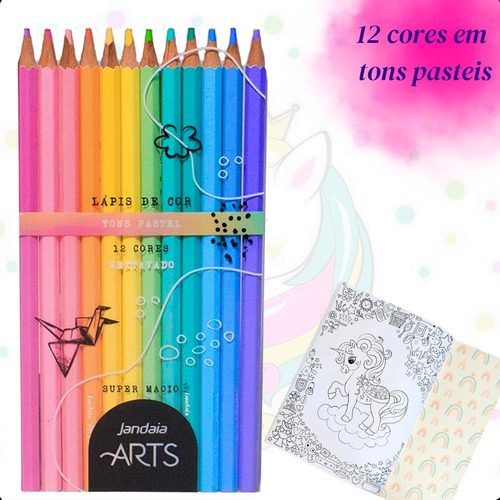 Kit Livro Unicórnio + Lápis Arco Íris + Cx 12 Lápis De Cor Pastel Presente Dia Das Crianças Livro Para Colorir Com + De 40 Desenhos Incríveis Brinquedo Infantil