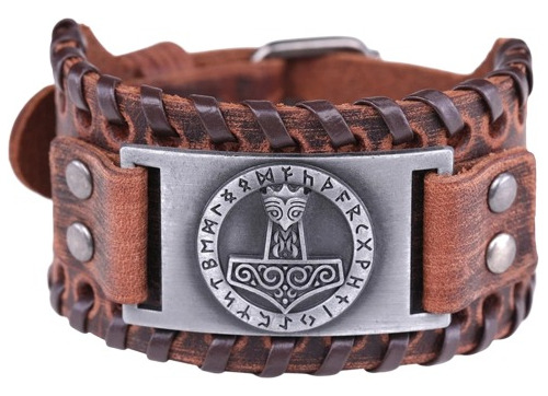 Pulsera Vikinga Mjölnir, Cuero Vegano Negro O Café