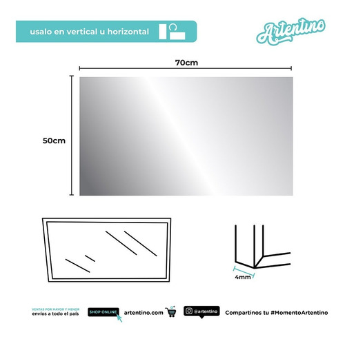 Espejo Pared Rectangular Baño Living 70x50 Listo Colgar 4mm