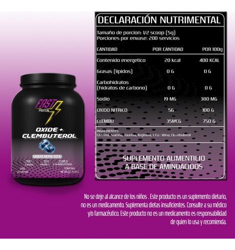 Óxido Nítrico + Clembuterol Fast Suplement 1kg 200 Serv Mora Azul