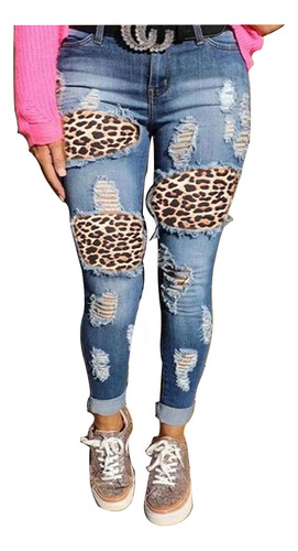 Pantalón Vaquero Roto Con Parche De Leopardo Para Mujer