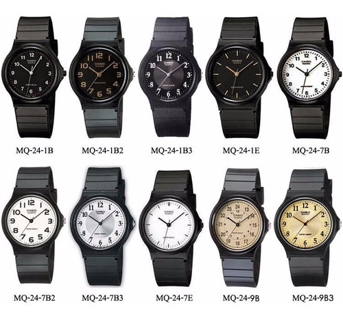 Reloj pulsera Casio Collection MQ-24 de cuerpo color negro, analógico, fondo blanco, con correa de resina color negro, agujas color negro, dial negro, minutero/segundero negro, bisel color negro y hebilla simple