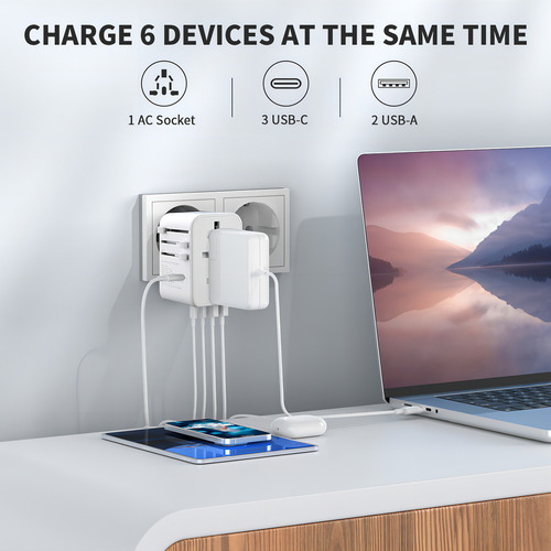 Epicka Adaptador de Viaje Universal Adaptador de Enchufe Internacional Gan Con 3 Usbc Carga Rápida Pd 70w y 2 Usba Cargador de Pared Todo en uno Para Usa Ue Reino Unido Aus Blanco 127V