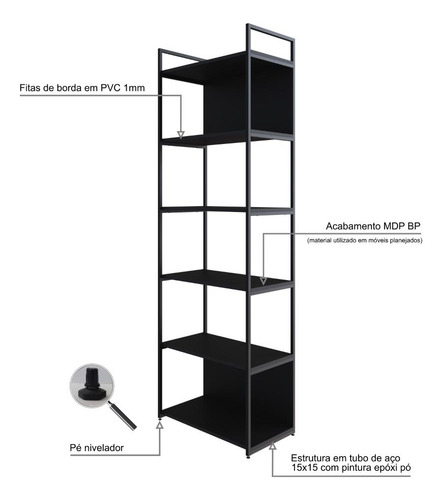 Estante Alta C/06 Prateleiras 185x60x33cm C/fundo Yon Cor Preto Tx/est.preta