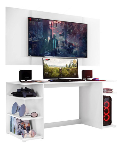 Mesa Gamer Escriv Com Painel Tv 65 Guilda Multimóveis V3585 Cor Branco