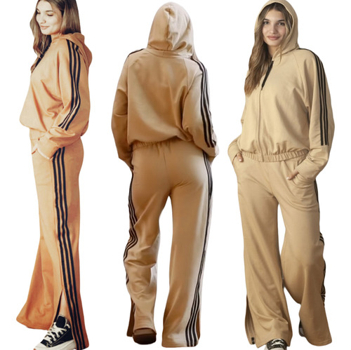 Conjunto Jogging Palazzo Franjas Y Campera Mujer