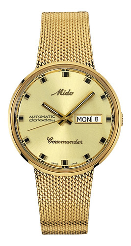 Estojo de relógio masculino Mido Commander 1959, pulseira dourada, cor dourada, moldura, cor de fundo dourada