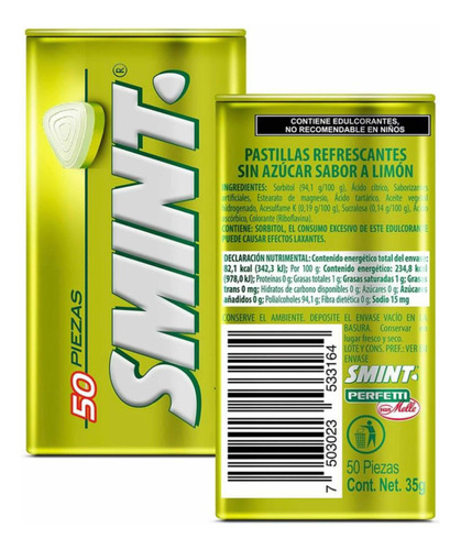 Pastillas Refrescantes Smint S/ Azúcar Sabor Limon Pack De 3