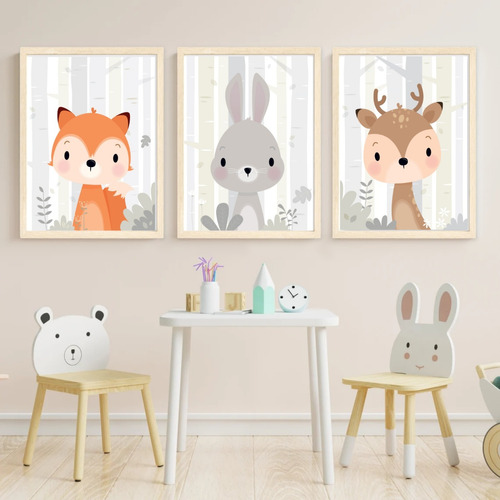 Set X3 Cuadros 20x30 Completos - Animalitos Bosque Gris Nene