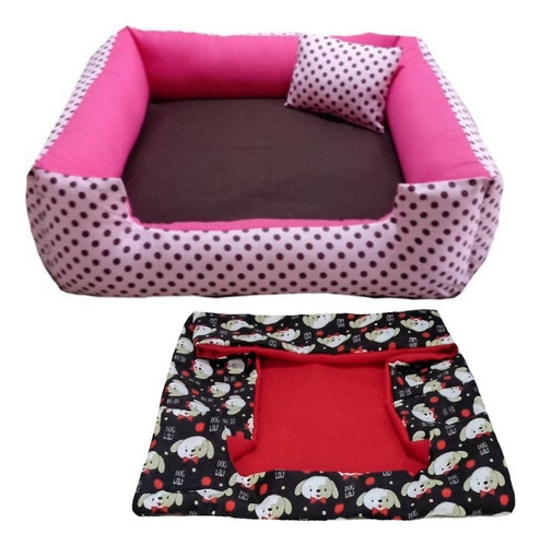 Cama P Para Pets Caminha Cachorro Pequeno 50x50 + Capa Extra Cor Cama Rosa Bolinhas + Capa Vermelha