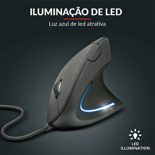 Mouse Vertical Ergonômico Verto, Led, 6 Botões Com Fio