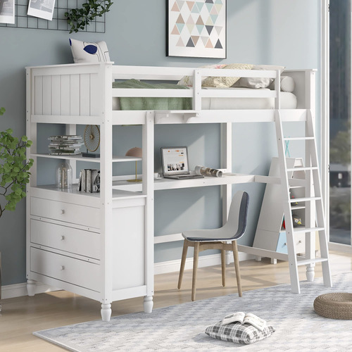 Saksellt Twin Loft Bed With Desk And Storage Drawers, Woode.