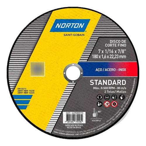 Disco De Corte Standard Norton 7 X 1.6 X 22.23 - 100 Peças Cor Amarelo