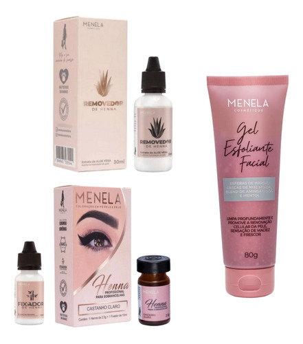 Kit Rena Menela Com Fixador Sobrancelha Esfoliante Removedor Cor Castanho Claro