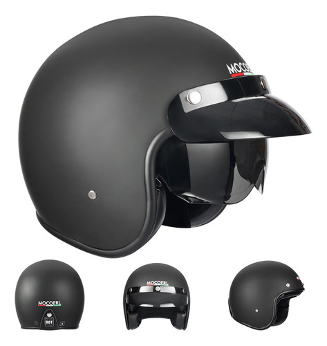  Casco Chopper 3/4 Retro Negro Mate Con Gafas Mocoerl 211