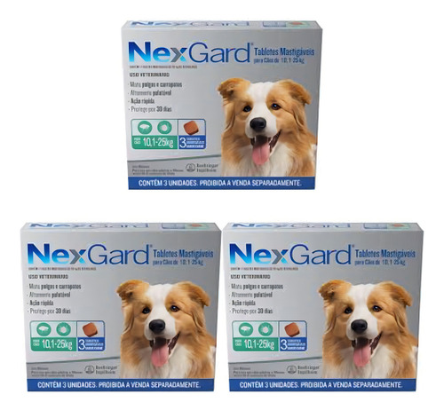 3 Cxs Nexgard Antipulgas E Carrapatos Cão 10 A 25kg Com 3