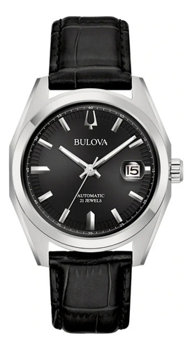 Reloj Bulova Hombre 96b435 Time Square Correa Negro Bisel Plateado Fondo Negro