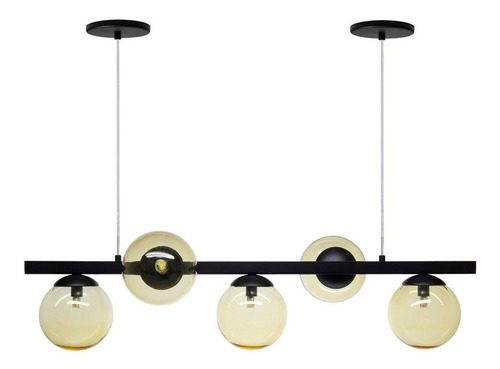 Pendente Luminalux Madrid 5 Globos 15cm Moon Trilho New Estrutura Preto Globo Âmbar