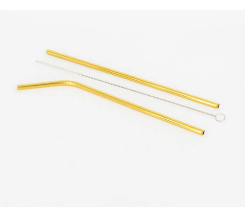 Kit2 Canudos De Metal 1 Reto 1 Curvado Inox 1 Escova Limpeza
